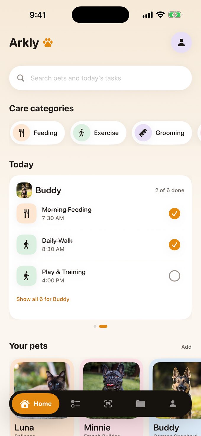 The Arkly home screen mid-day: Buddy's morning feeding and walk ticked off, play and training still to come, with the household's pets below