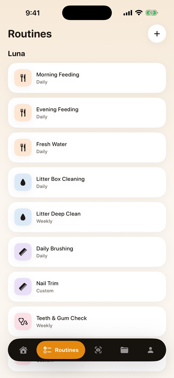 A cat's care plan in Arkly: feeding, fresh water, litter box cleaning, a weekly litter deep clean, brushing and a teeth and gum check