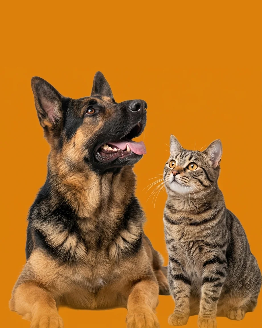 A German Shepherd and a tabby cat sitting together, both looking up attentively
